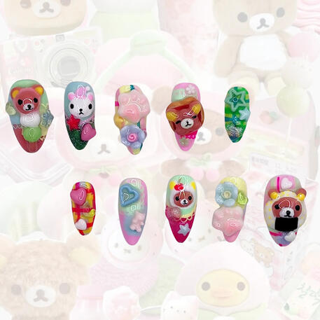 tier 3 : complex design, ombre-d base colors, intricate nail art, multiple chromes and handmade 3d charms
